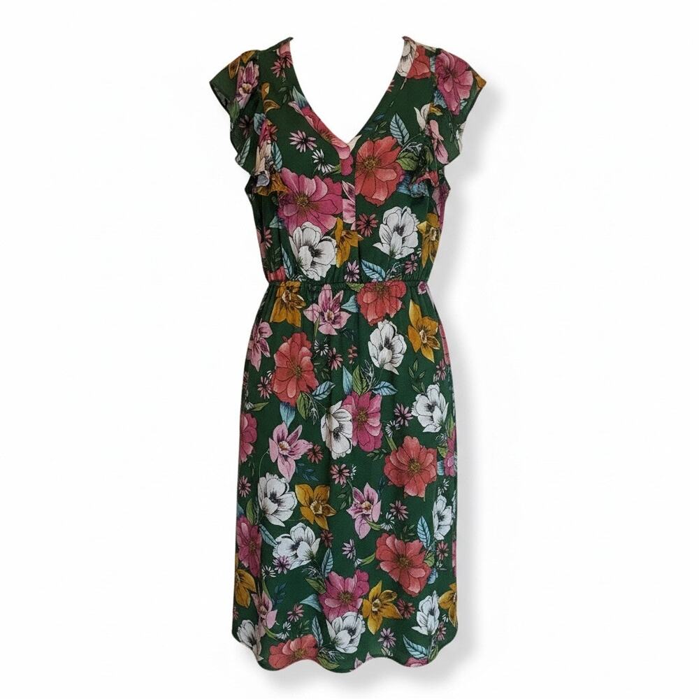 DR2 Daniel Rainn Green Floral Midi Dress Small Ruffle Cap Sleeve V-Neck
